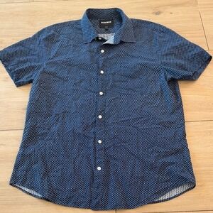 Bonobos Mens Slim Fit Short Sleeve Button Down Shirt Navy Blue Geometric Print L